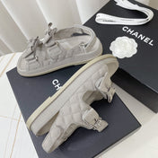 CHANEL 26S SANDALS IN GREY FABRIC BOW EMBELLISHMENT