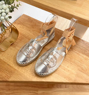 PRADA 26S LACE UP ESPADRILLE FLATS IN SILVER CALFSKIN