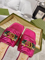 GG SPARKLE CRYSTAL SLIDE SANDAL METALLIC PINK CALFSKIN