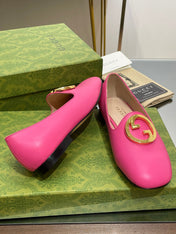 BLONDIE LOGO-PLAQUE LOAFERS IN BRIGHT PINK CALFSKIN WITH GOLD HARDWARE