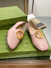 BLONDIE LOGO-PLAQUE LOAFERS IN LIGHT PINK CALFSKIN WITH GOLD HARDWARE