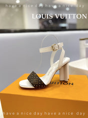 LV 26S HIGH HEEL SANDALS 80 MM IN WHITE AND DARK BROWN MONOGRAM CANVAS WITH STUDS