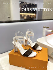 LV 26S HIGH HEEL SANDALS 80 MM IN WHITE AND DARK BROWN MONOGRAM CANVAS WITH STUDS