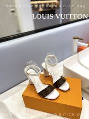 LV 26S HIGH HEEL SANDALS 80 MM IN WHITE AND DARK BROWN MONOGRAM CANVAS WITH STUDS