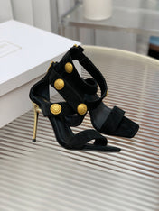 BALMAIN 25S CROSSOVER STRAP HIGH HEELS 95MM IN BLACK SUEDE