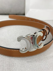 CELINE 25S TRIOMPHE BELT 25MM IN BROWN CALFSKIN SILVER HARDWARE 580678