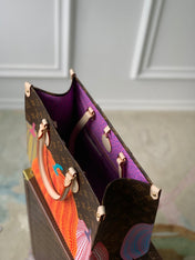 LV x YK ONTHEGO 35 IN BROWN MONOGRAM COATED CANVAS AND CALFSKIN PUMPKIN PATTERN