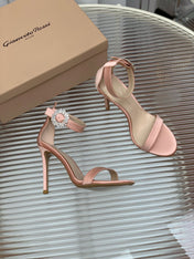 GIANVITO ROSSI 26S HIGH HEEL SANDALS 105 MM IN PASTEL PINK FABRIC WITH CRYSTAL BUCKLE