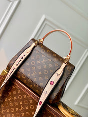 CLUNY MM HANDBAG 33 IN BROWN MONOGRAM CALFSKIN BEIGE BLACK EMBROIDERED LOGO CANVAS