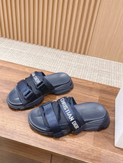 DIOR PLATFORM SLIDES 25S 30 MM IN MIDNIGHT BLUE FABRIC AND CALFSKIN