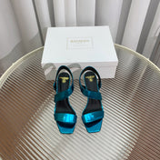 BALMAIN 25S HIGH HEEL SANDALS 95MM IN PETROL BLUE GLOSSY CALFSKIN