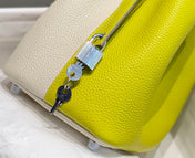 HERMES 25S PICOTIN LOCK 18 IN WHITE AND LEMON YELLOW CALFSKIN SILVER HARDWARE