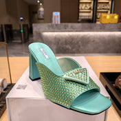 PRADA 26S OPEN TOE CRYSTAL EMBELLISHED MULES 100MM IN DARK GREEN SATIN