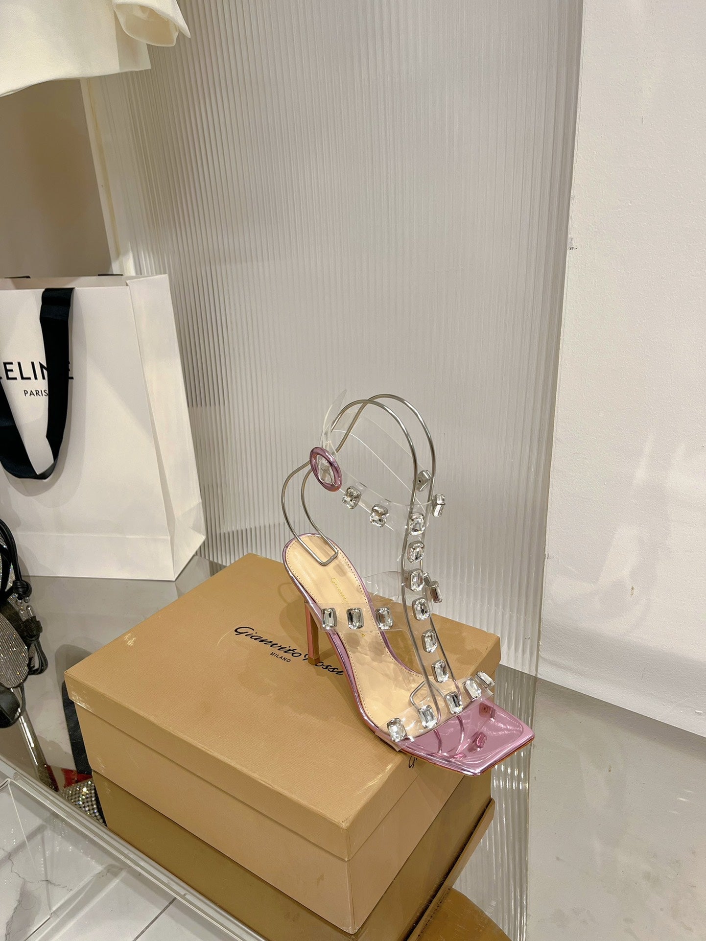 GIANVITO ROSSI 26S HEELED SANDALS 105 MM IN METALLIC PINK PATENT LEATHER CRYSTALS