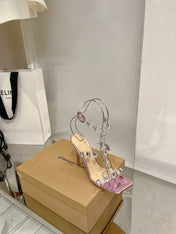 GIANVITO ROSSI 26S HEELED SANDALS 105 MM IN METALLIC PINK PATENT LEATHER CRYSTALS