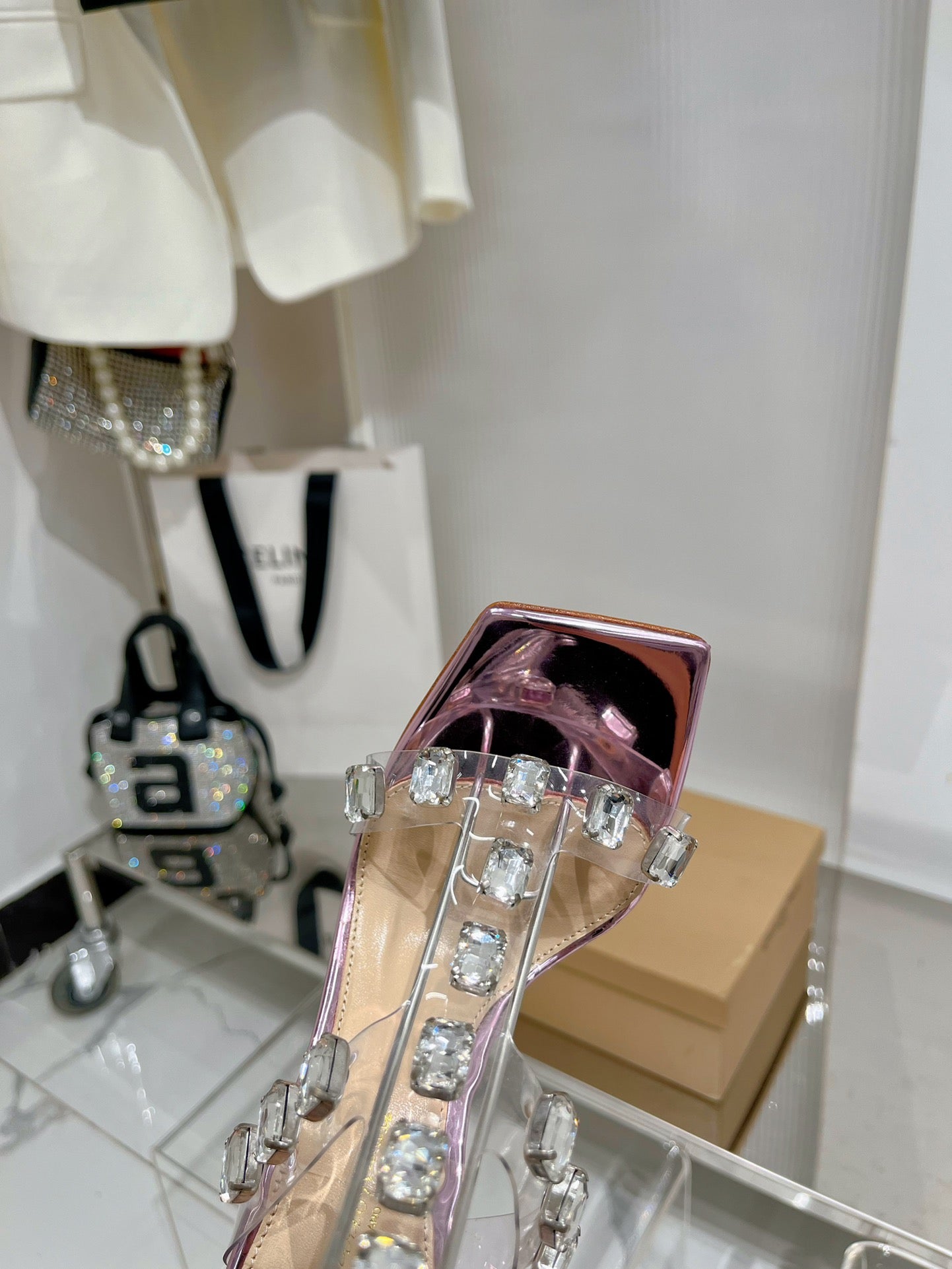 GIANVITO ROSSI 26S HEELED SANDALS 105 MM IN METALLIC PINK PATENT LEATHER CRYSTALS