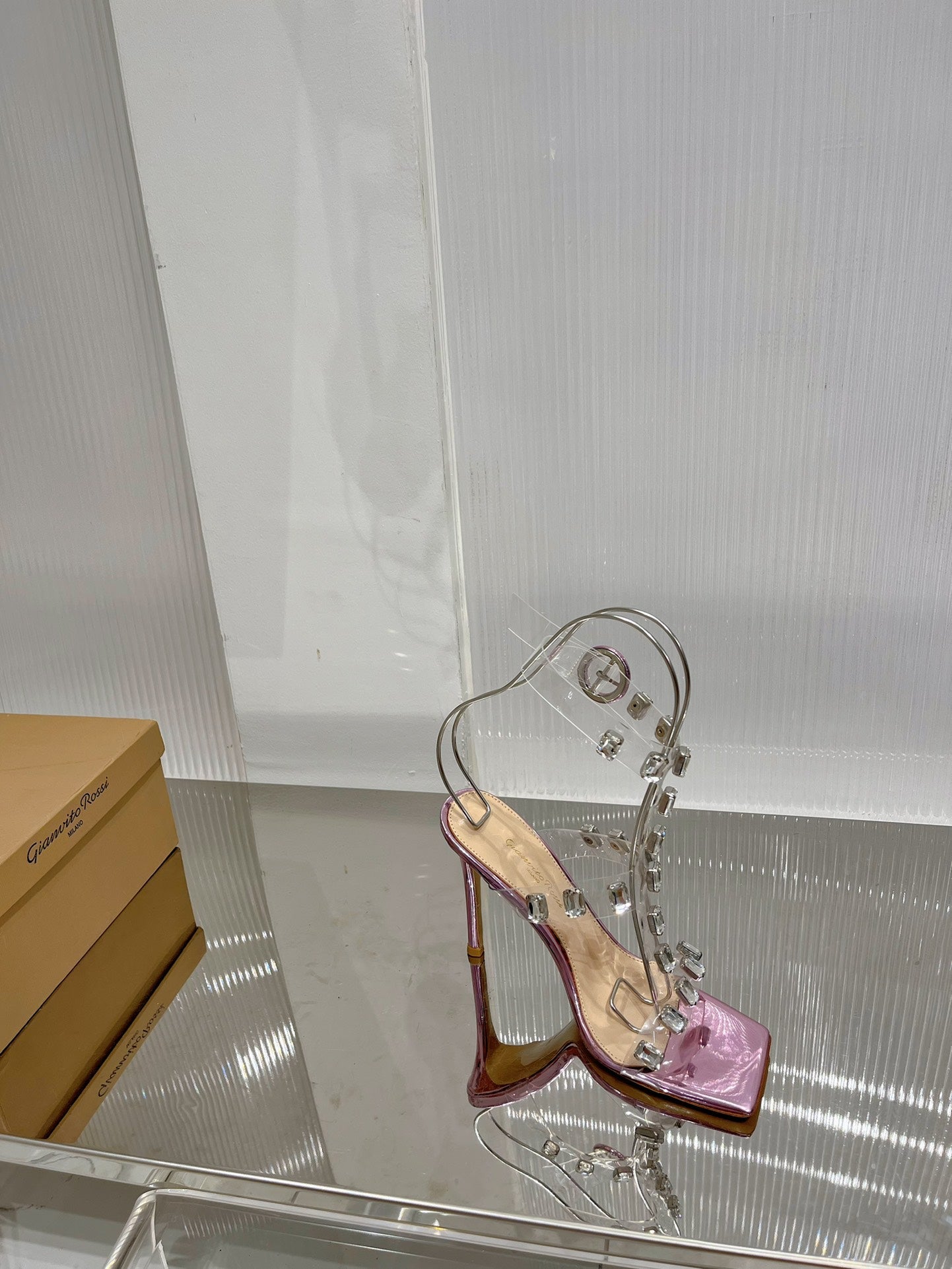 GIANVITO ROSSI 26S HEELED SANDALS 105 MM IN METALLIC PINK PATENT LEATHER CRYSTALS