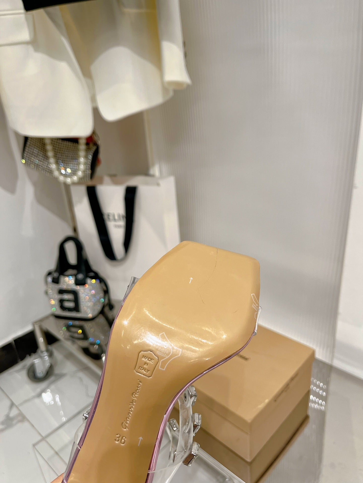 GIANVITO ROSSI 26S HEELED SANDALS 105 MM IN METALLIC PINK PATENT LEATHER CRYSTALS