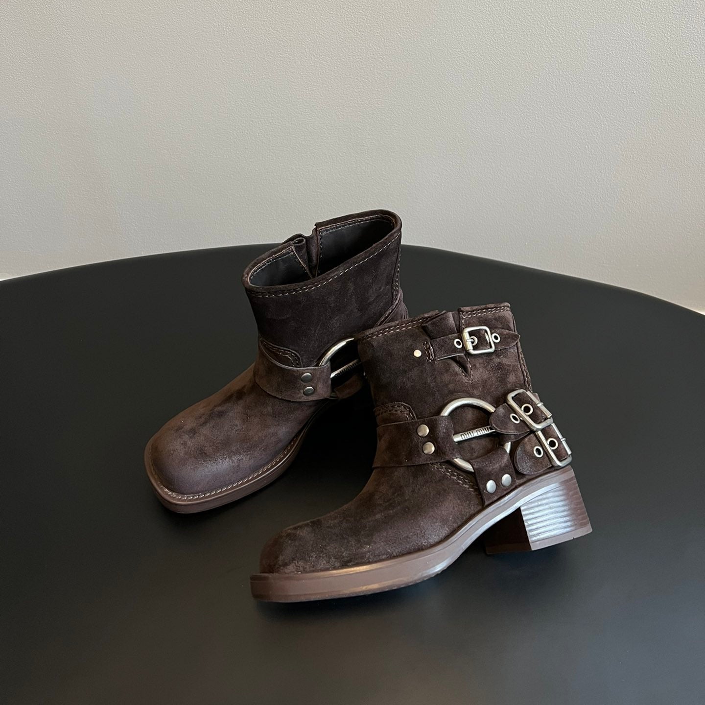 MIUMIU 26S ANKLE BOOTS IN DARK BROWN SUEDE SILVER HARDWARE