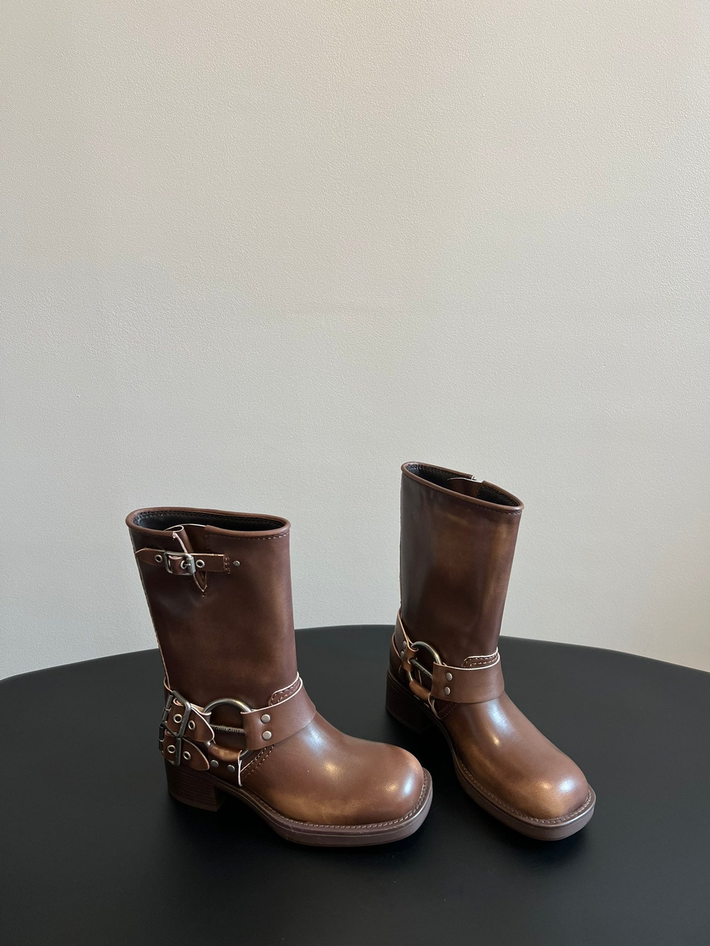MIUMIU 26S MID-CALF BOOTS IN BROWN CALFSKIN SILVER HARDWARE
