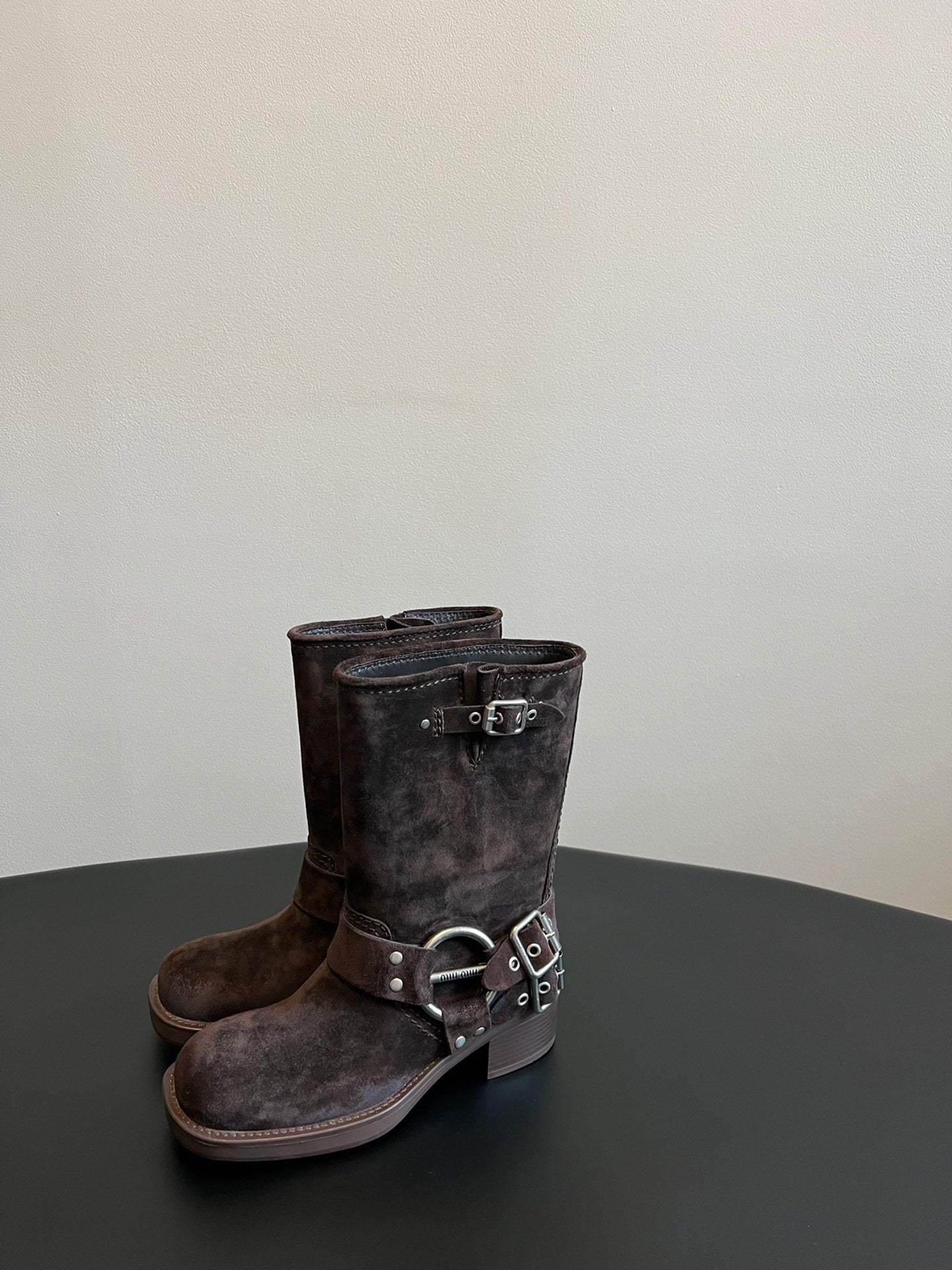 MIUMIU 26S MID-CALF BOOTS IN DARK BROWN SUEDE SILVER HARDWARE