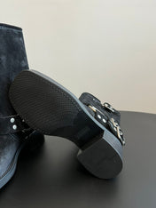 MIUMIU 26S MID-CALF BOOTS IN BLACK SUEDE SILVER HARDWARE