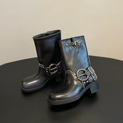MIUMIU 26S MID-CALF BOOTS IN BLACK CALFSKIN SILVER HARDWARE