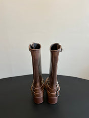 MIUMIU 26S KNEE-HIGH BOOTS IN BROWN CALFSKIN SILVER HARDWARE