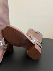 MIUMIU 26S KNEE-HIGH BOOTS IN BROWN CALFSKIN SILVER HARDWARE