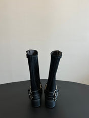 MIUMIU 26S KNEE-HIGH BOOTS IN BLACK SUEDE SILVER HARDWARE