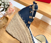 VALENTINO 26S WEDGE SANDALS IN DARK BLUE CALFSKIN