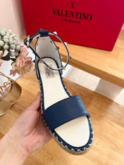 VALENTINO 26S WEDGE SANDALS IN DARK BLUE CALFSKIN