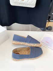 CHLOÉ LOAFER SHOES IN PIGEON BLUE DENIM AND WOVEN RAFFIA