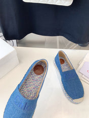 LOAFER SHOES IN CERULEAN BLUE DENIM AND WOVEN RAFFIA