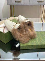 HORSEBIT MULE IN WHITE CALFSKIN AND LAMB WOOL LINING