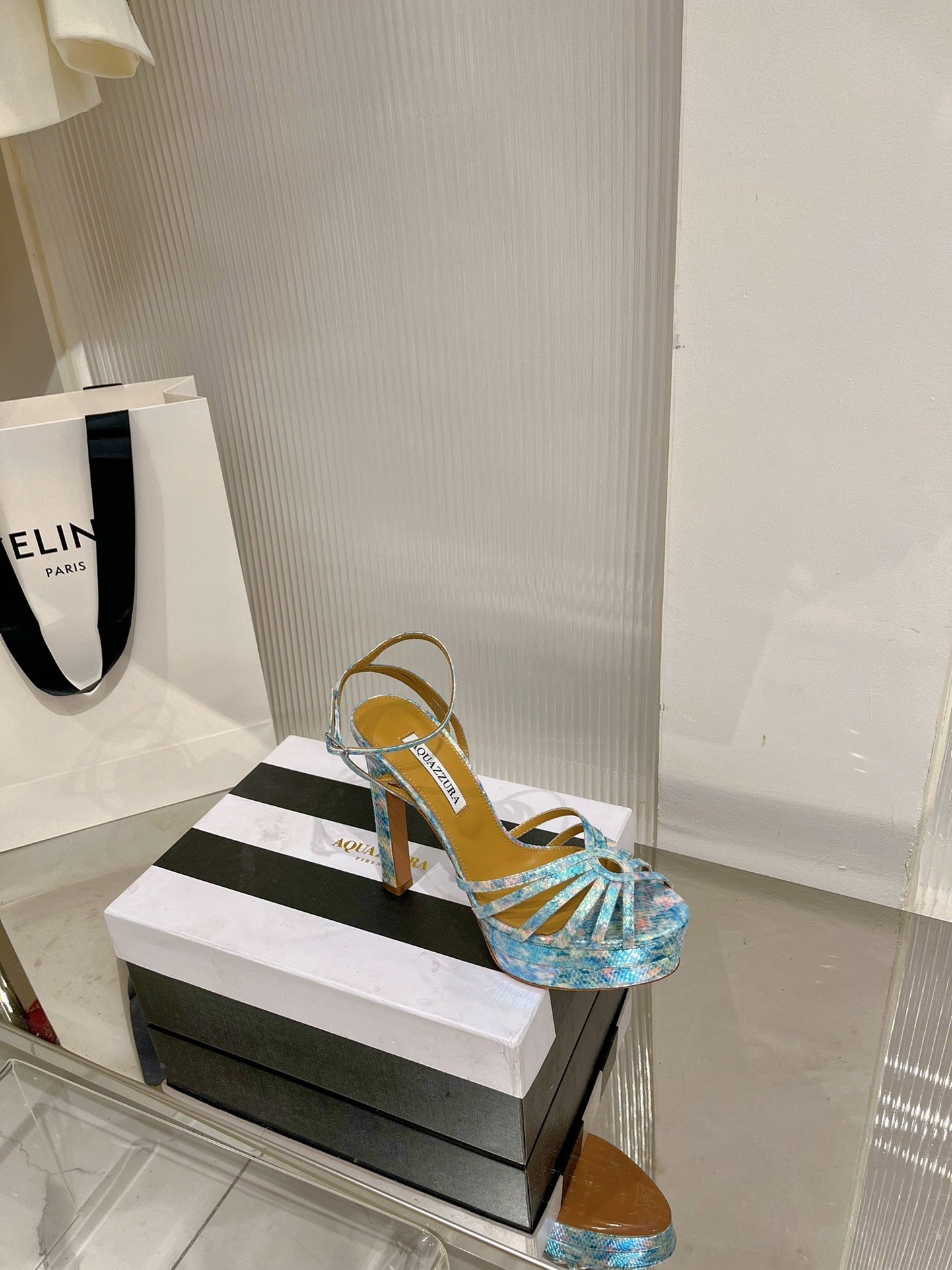 AQUAZZURA 26S HEELED SANDALS 130 MM IN MULTICOLOR BLUE SNAKE-EMBOSSED LEATHER