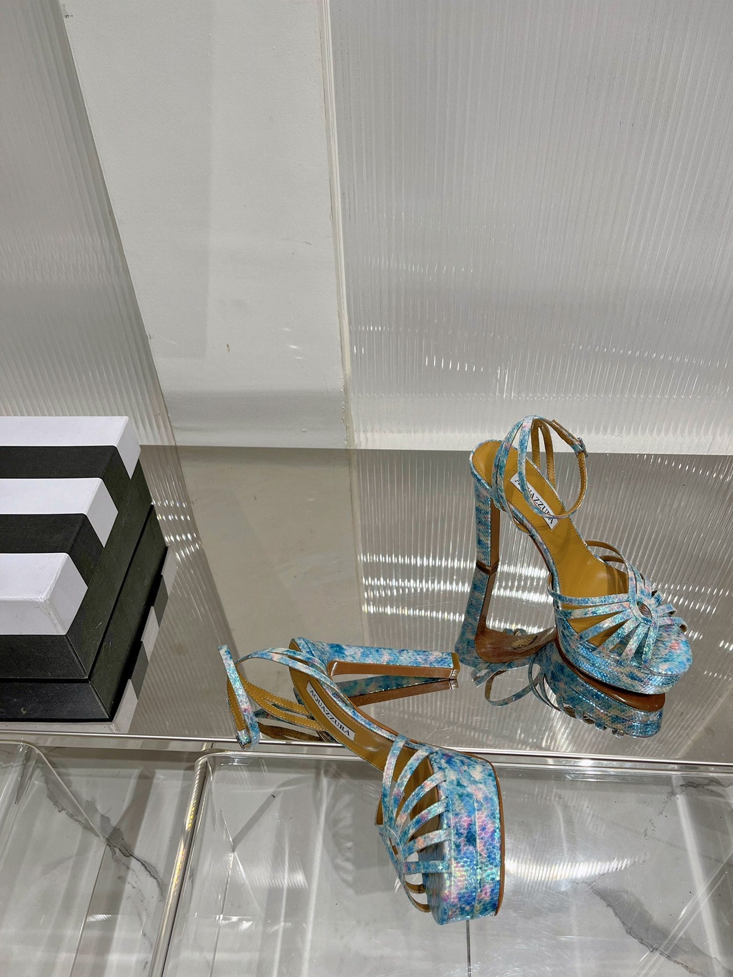 AQUAZZURA 26S HEELED SANDALS 130 MM IN MULTICOLOR BLUE SNAKE-EMBOSSED LEATHER