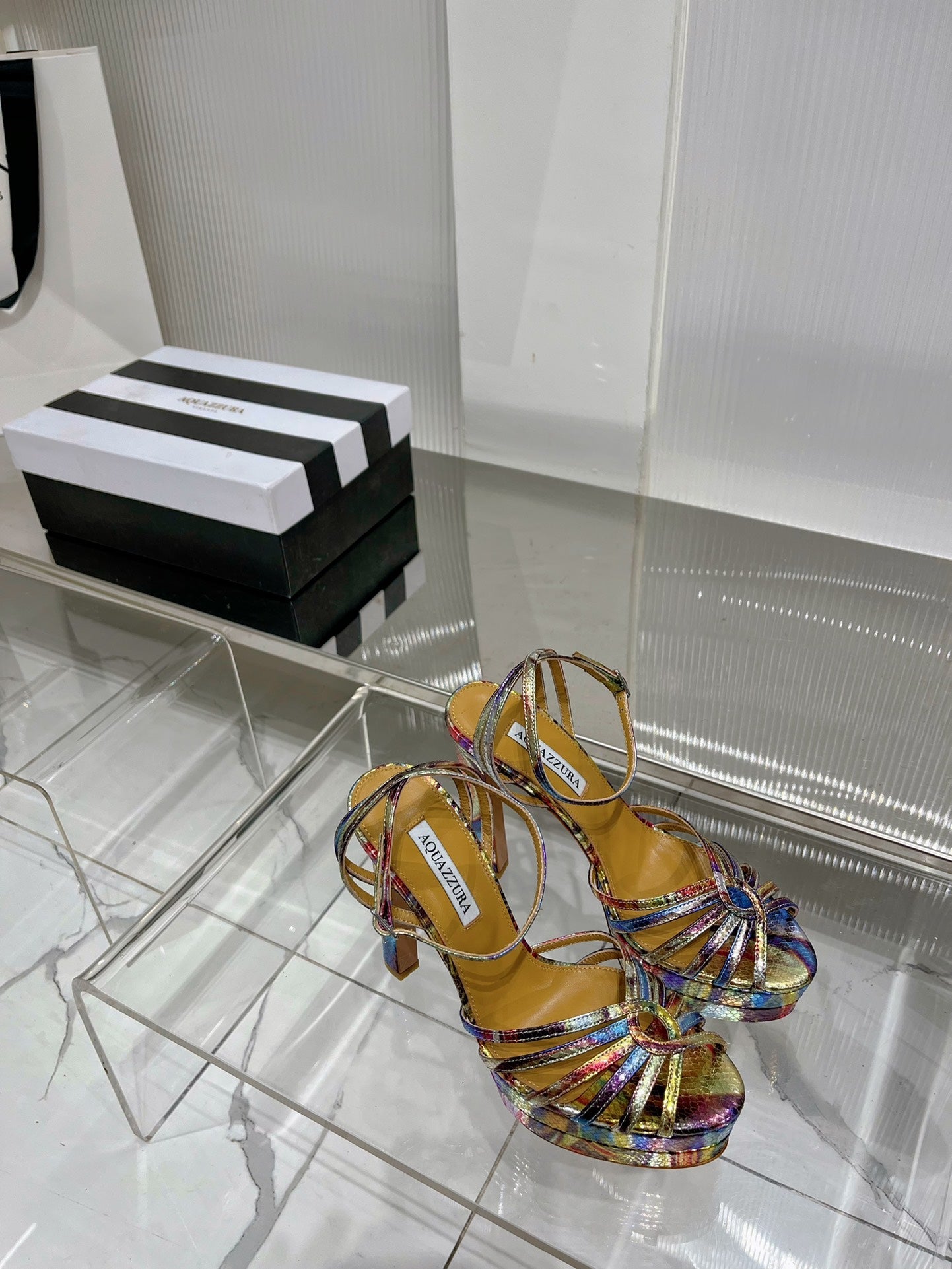 AQUAZZURA 26S HEELED SANDALS 130 MM IN RAINBOW METALLIC SNAKE-EMBOSSED LEATHER