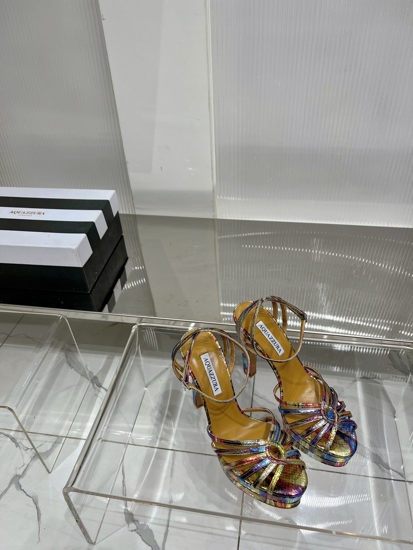 AQUAZZURA 26S HEELED SANDALS 130 MM IN RAINBOW METALLIC SNAKE-EMBOSSED LEATHER