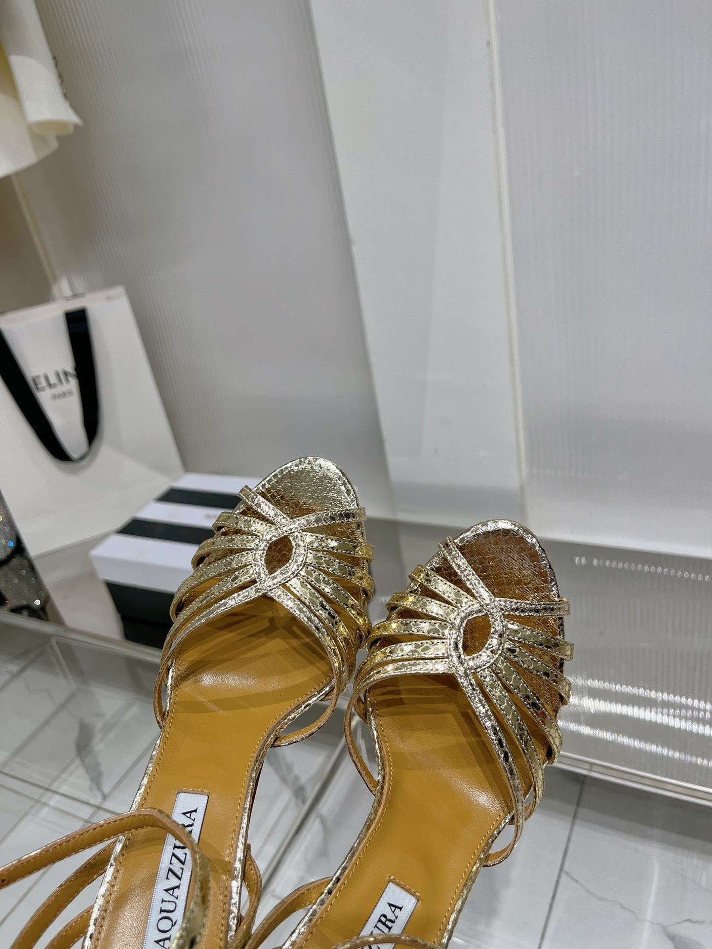 AQUAZZURA 26S HEELED SANDALS 130 MM IN GOLD SNAKE-EMBOSSED LEATHER