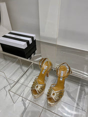 AQUAZZURA 26S HEELED SANDALS 130 MM IN GOLD SNAKE-EMBOSSED LEATHER
