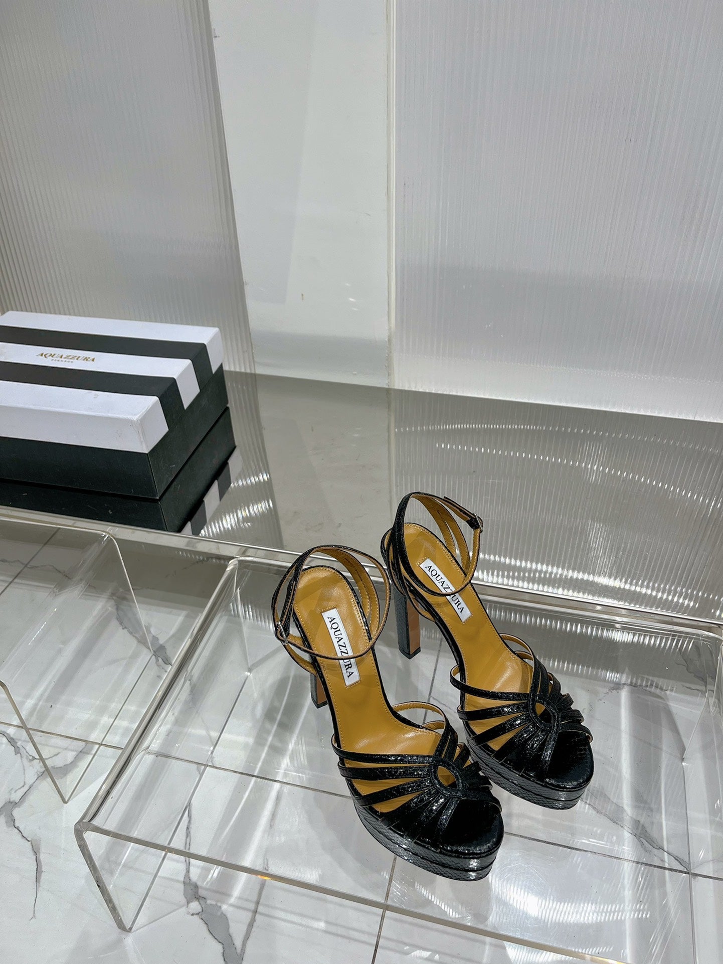 AQUAZZURA 26S HEELED SANDALS 130 MM IN BLACK SNAKE-EMBOSSED LEATHER