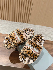FURRY SLIDES IN LEOPARD PRINT RABBIT FUR