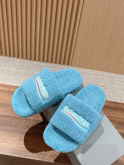 FURRY SLIDES IN SKY BLUE CURLY SHEARLING