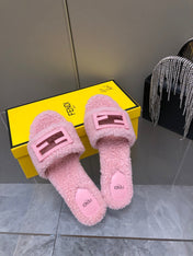 FENDI BAGUETTE SLIDE SLIPPERS IN LIGHT PINK WOOL