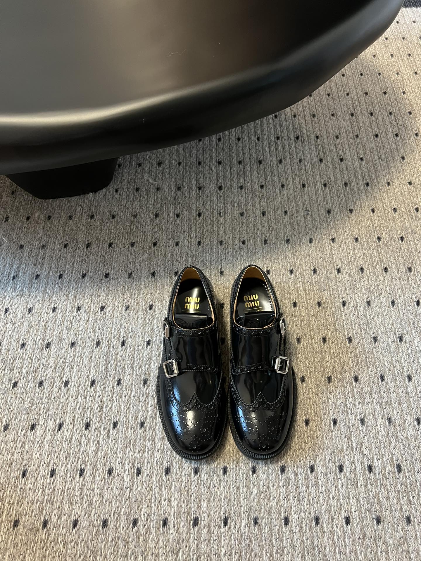 MIUMIU 26S CHURCH BROGUE MONK STRAP SHOES IN BLACK PATENT CALFSKIN