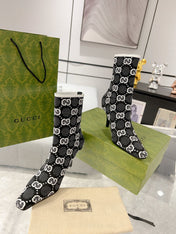 ANKLE BOOTS IN BLACK MIX WHITE KNITTED FABRIC WITH RETRO STYLE