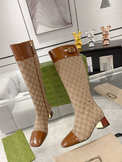 GG KNEE BOOTS IN BRONZE BROWN MONOGRAM CANVAS AND GLOSSY SHEEPSKIN