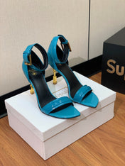 BALMAIN 25S SQUARE STRAP HIGH HEELS 100MM IN BLUE PATENT CALFSKIN