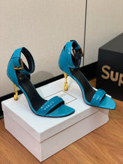 BALMAIN 25S SQUARE STRAP HIGH HEELS 100MM IN BLUE PATENT CALFSKIN